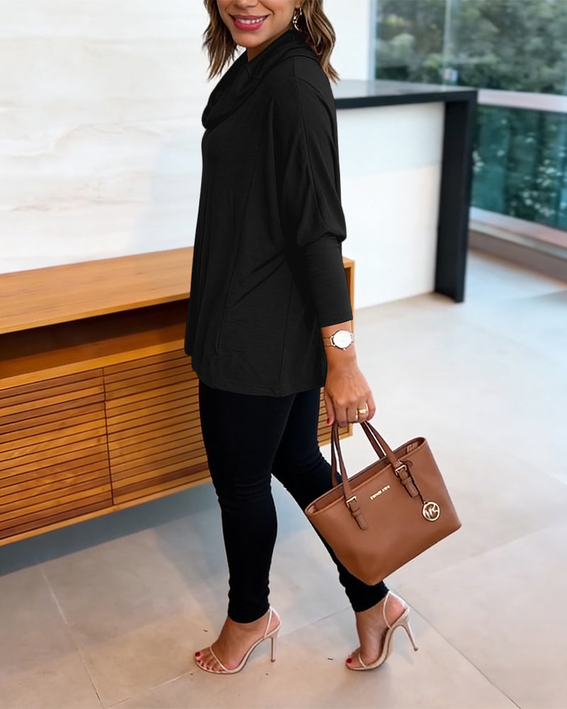 Cowl-Neck Batwing Top with Soft Drape and Long Sleeves