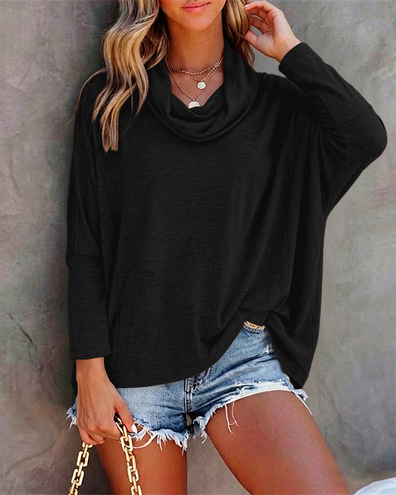 Cowl-Neck Batwing Top with Soft Drape and Long Sleeves
