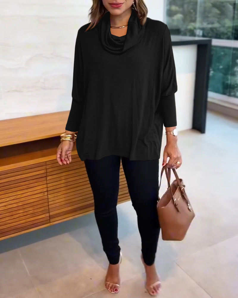 Cowl-Neck Batwing Top with Soft Drape and Long Sleeves