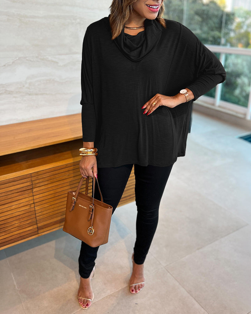 Cowl-Neck Batwing Top with Soft Drape and Long Sleeves
