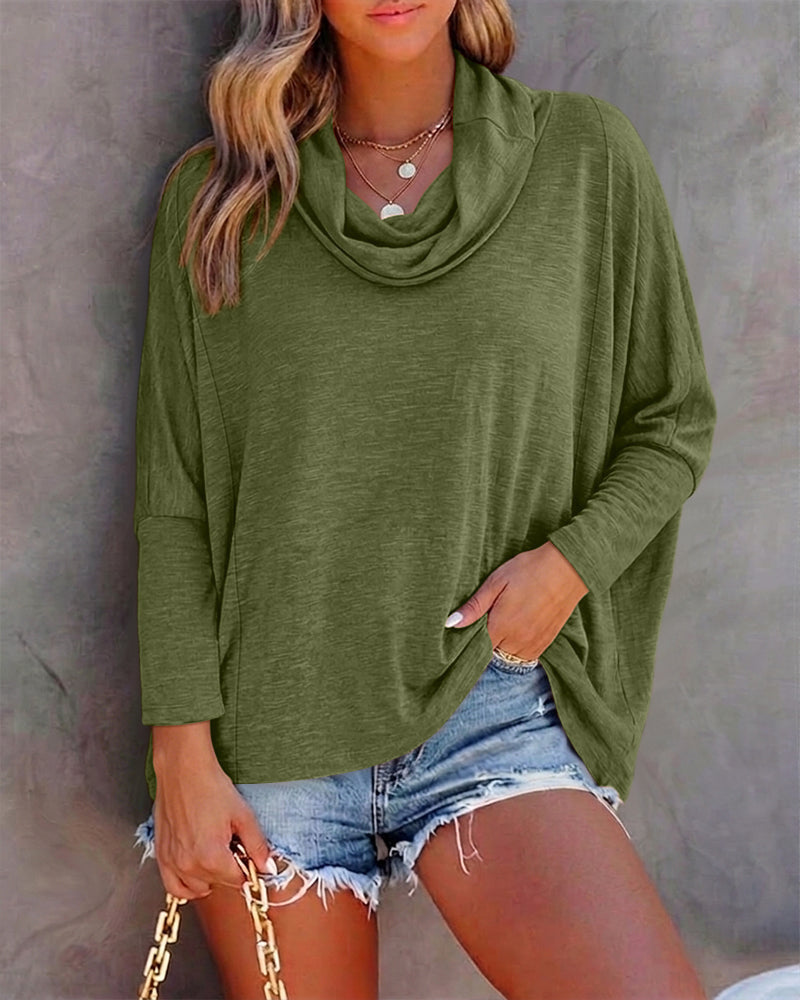 Cowl-Neck Batwing Top with Soft Drape and Long Sleeves - Army Green