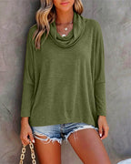 Cowl-Neck Batwing Top with Soft Drape and Long Sleeves