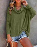 Cowl-Neck Batwing Top with Soft Drape and Long Sleeves