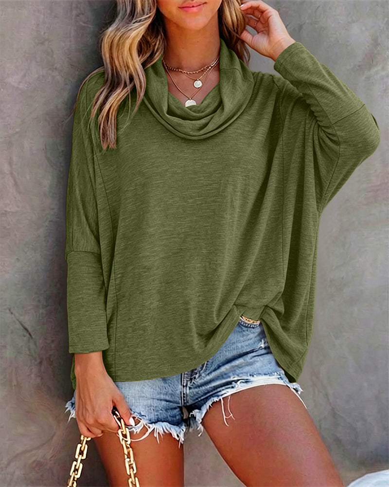 Cowl-Neck Batwing Top with Soft Drape and Long Sleeves