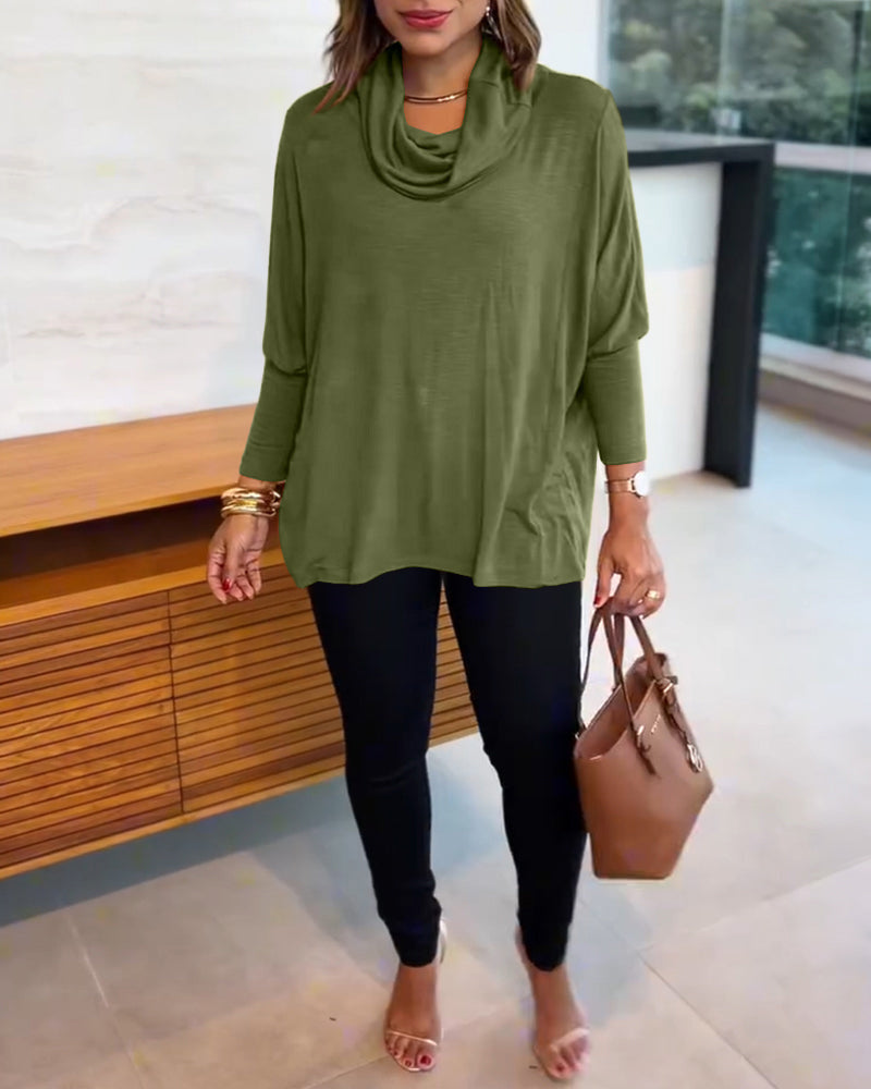 Cowl-Neck Batwing Top with Soft Drape and Long Sleeves