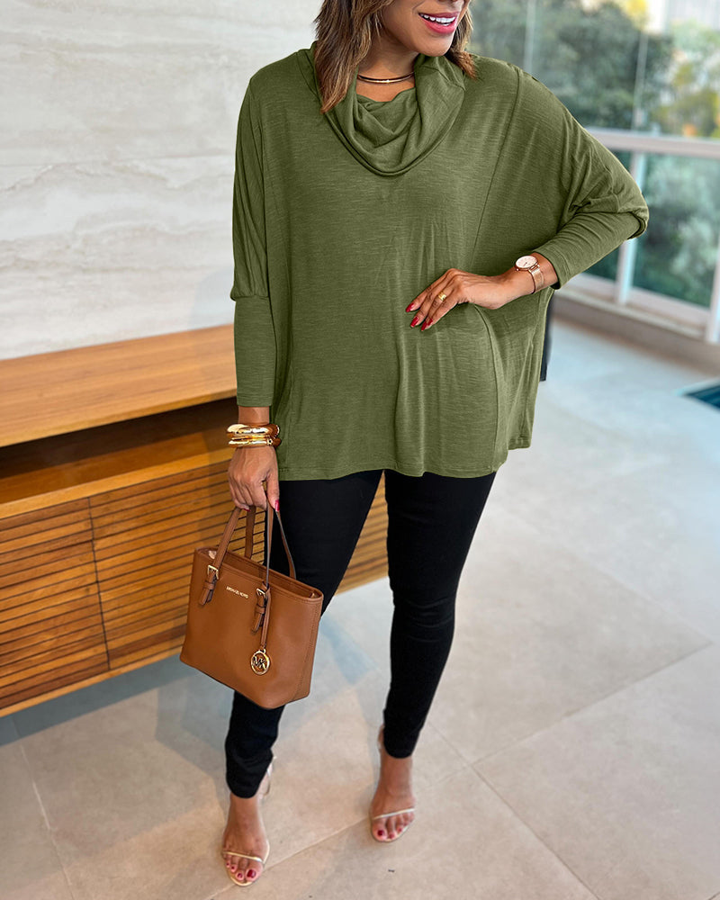 Cowl-Neck Batwing Top with Soft Drape and Long Sleeves