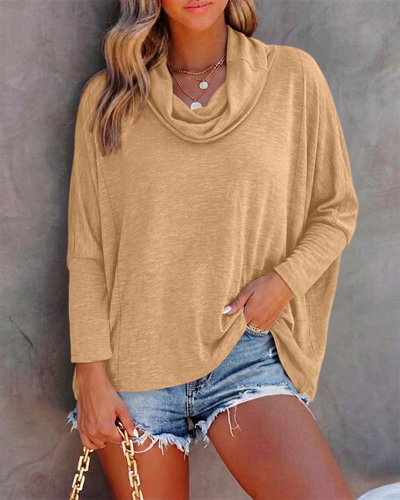 Cowl-Neck Batwing Top with Soft Drape and Long Sleeves - Apricot