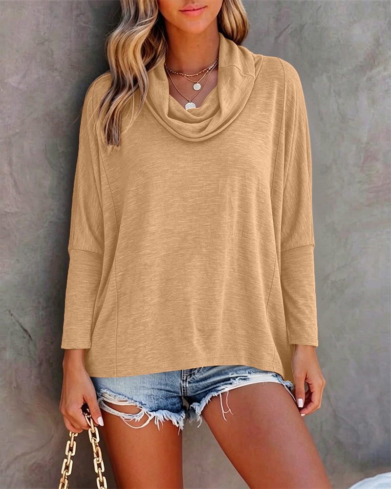 Cowl-Neck Batwing Top with Soft Drape and Long Sleeves