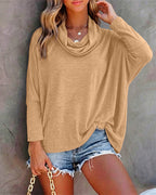 Cowl-Neck Batwing Top with Soft Drape and Long Sleeves