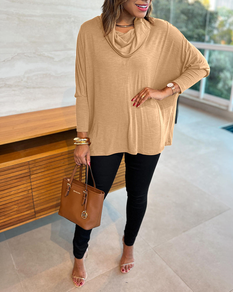 Cowl-Neck Batwing Top with Soft Drape and Long Sleeves