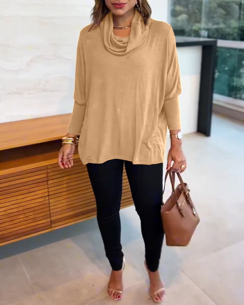 Cowl-Neck Batwing Top with Soft Drape and Long Sleeves