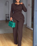 Cowl-Neck Jumpsuit with Textured Panels and Wide Leg - Coffee