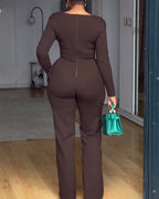 Cowl-Neck Jumpsuit with Textured Panels and Wide Leg
