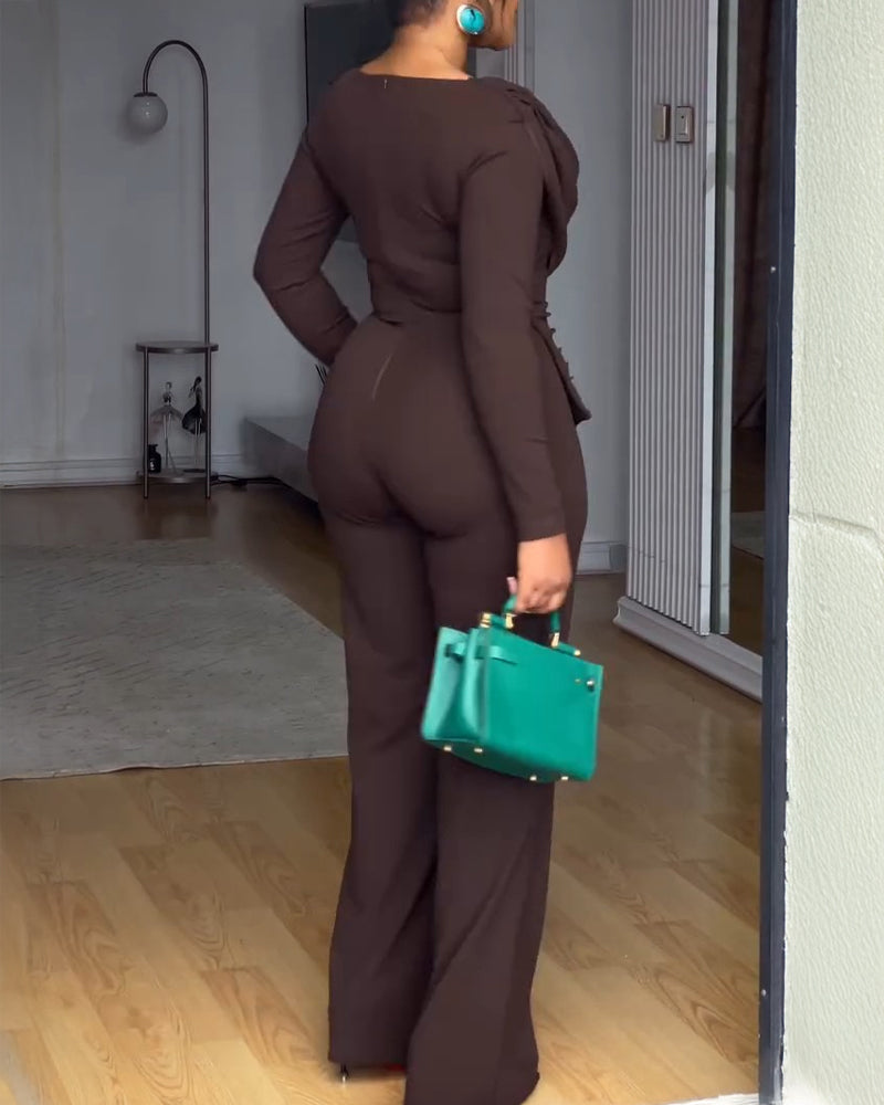 Cowl-Neck Jumpsuit with Textured Panels and Wide Leg