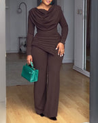 Cowl-Neck Jumpsuit with Textured Panels and Wide Leg