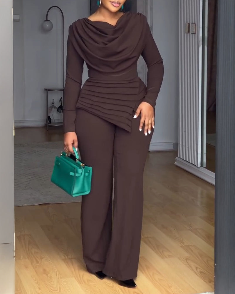 Cowl-Neck Jumpsuit with Textured Panels and Wide Leg