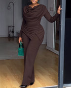 Cowl-Neck Jumpsuit with Textured Panels and Wide Leg