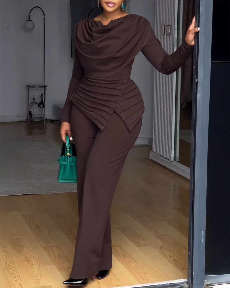 Cowl-Neck Jumpsuit with Textured Panels and Wide Leg