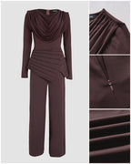 Cowl-Neck Jumpsuit with Textured Panels and Wide Leg