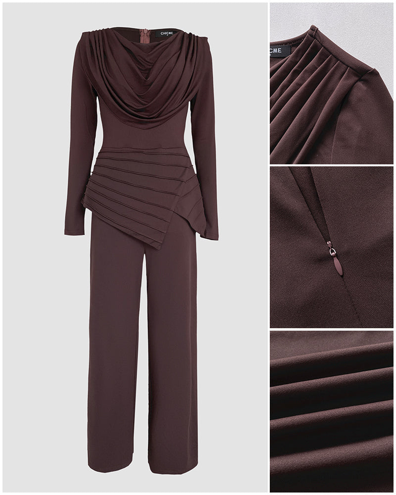 Cowl-Neck Jumpsuit with Textured Panels and Wide Leg