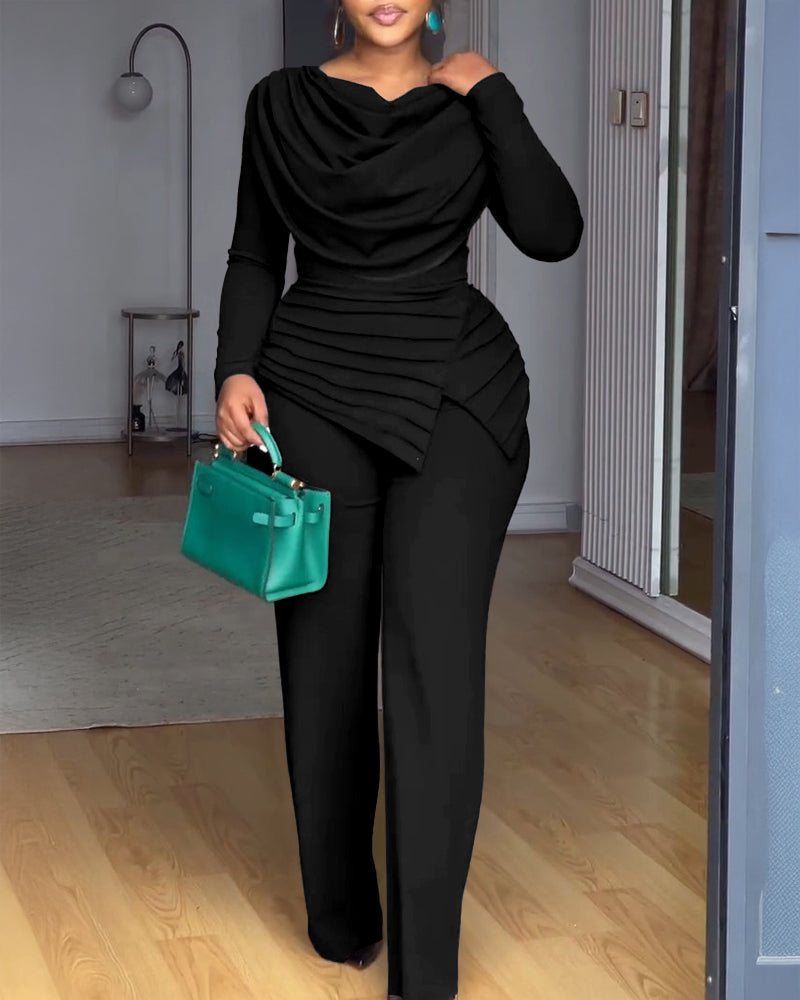 Cowl-Neck Jumpsuit with Textured Panels and Wide Leg - Black