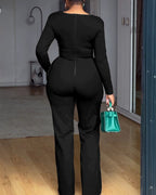 Cowl-Neck Jumpsuit with Textured Panels and Wide Leg