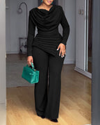 Cowl-Neck Jumpsuit with Textured Panels and Wide Leg