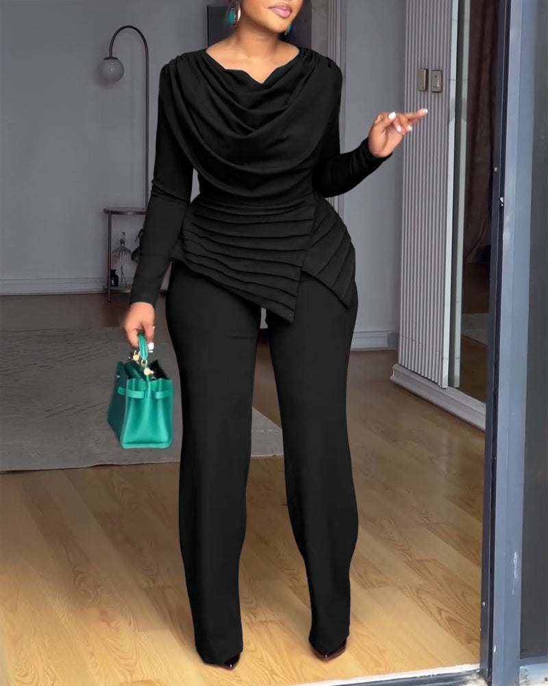 Cowl-Neck Jumpsuit with Textured Panels and Wide Leg
