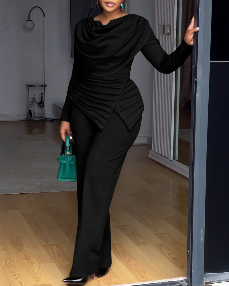 Cowl-Neck Jumpsuit with Textured Panels and Wide Leg