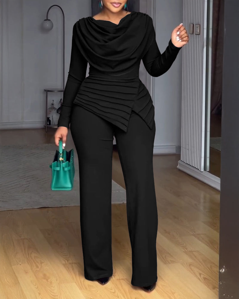 Cowl-Neck Jumpsuit with Textured Panels and Wide Leg