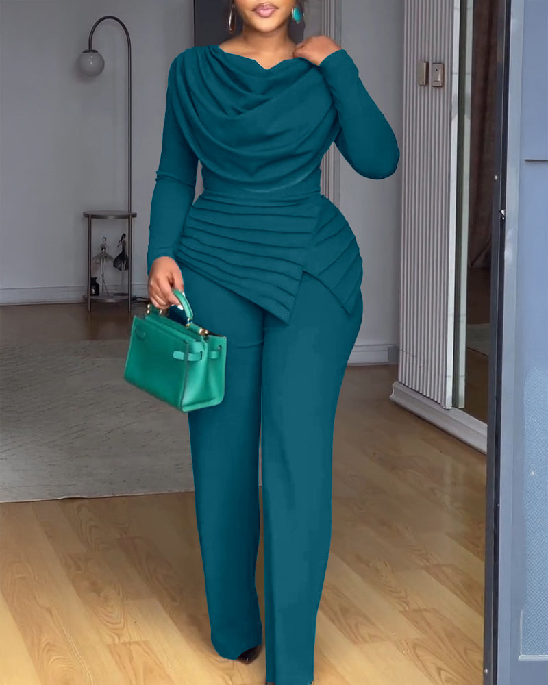 Cowl-Neck Jumpsuit with Textured Panels and Wide Leg - Turquoise