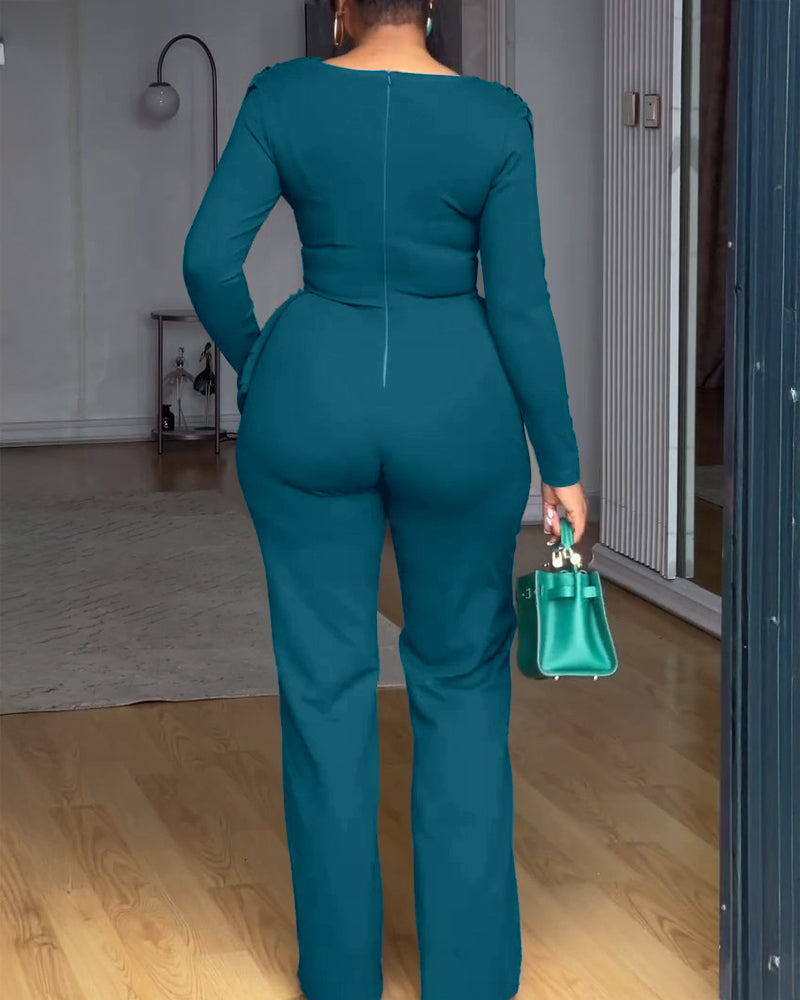 Cowl-Neck Jumpsuit with Textured Panels and Wide Leg