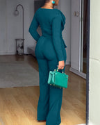 Cowl-Neck Jumpsuit with Textured Panels and Wide Leg