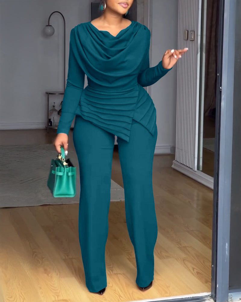 Cowl-Neck Jumpsuit with Textured Panels and Wide Leg