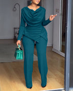 Cowl-Neck Jumpsuit with Textured Panels and Wide Leg