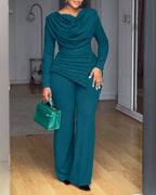 Cowl-Neck Jumpsuit with Textured Panels and Wide Leg