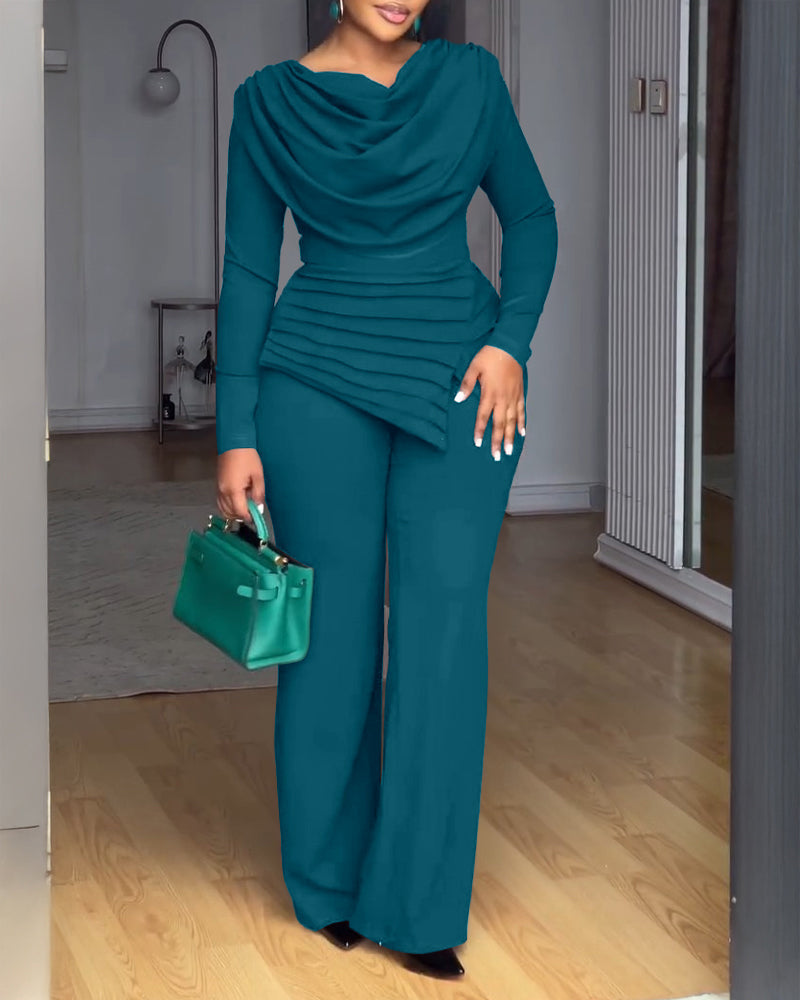 Cowl-Neck Jumpsuit with Textured Panels and Wide Leg