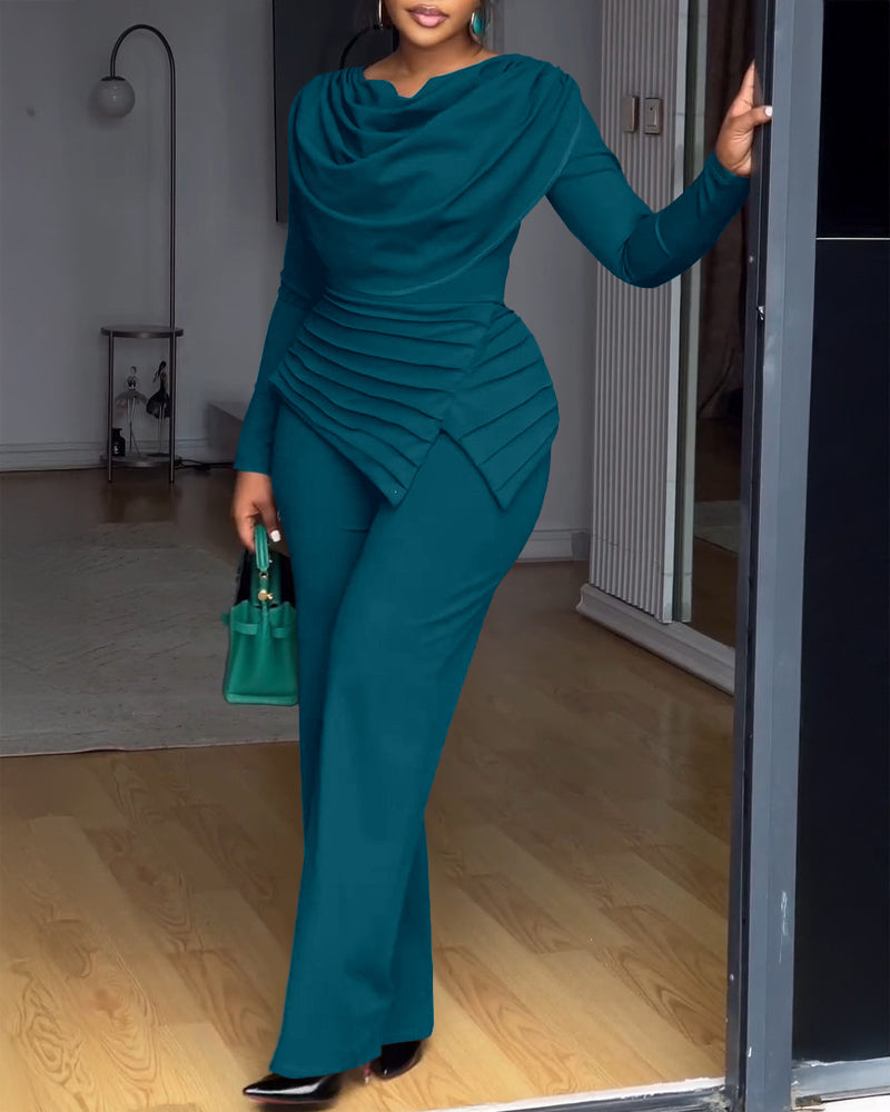 Cowl-Neck Jumpsuit with Textured Panels and Wide Leg