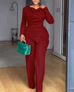 Cowl-Neck Jumpsuit with Textured Panels and Wide Leg - Red
