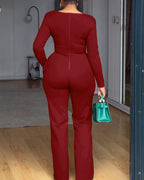 Cowl-Neck Jumpsuit with Textured Panels and Wide Leg