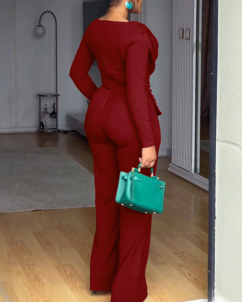 Cowl-Neck Jumpsuit with Textured Panels and Wide Leg