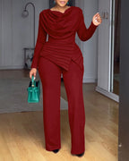 Cowl-Neck Jumpsuit with Textured Panels and Wide Leg