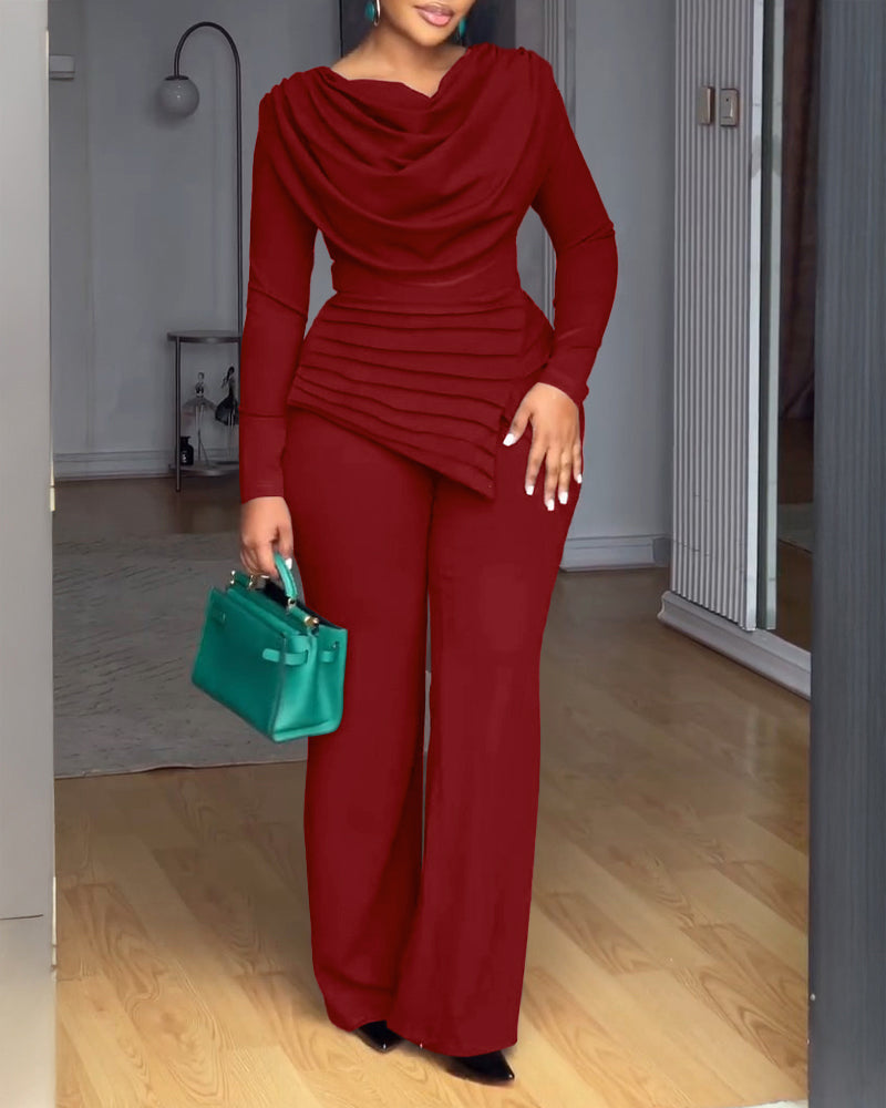 Cowl-Neck Jumpsuit with Textured Panels and Wide Leg