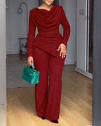 Cowl-Neck Jumpsuit with Textured Panels and Wide Leg