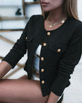 Cropped Knit Jacket with Round Neck and Gold Buttons - Black