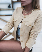 Cropped Knit Jacket with Round Neck and Gold Buttons
