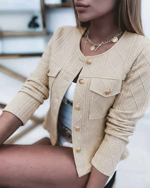 Cropped Knit Jacket with Round Neck and Gold Buttons