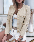 Cropped Knit Jacket with Round Neck and Gold Buttons