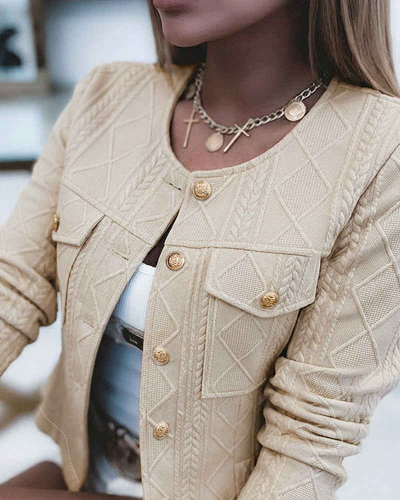 Cropped Knit Jacket with Round Neck and Gold Buttons