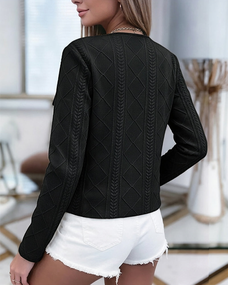 Cropped Knit Jacket with Round Neck and Gold Buttons